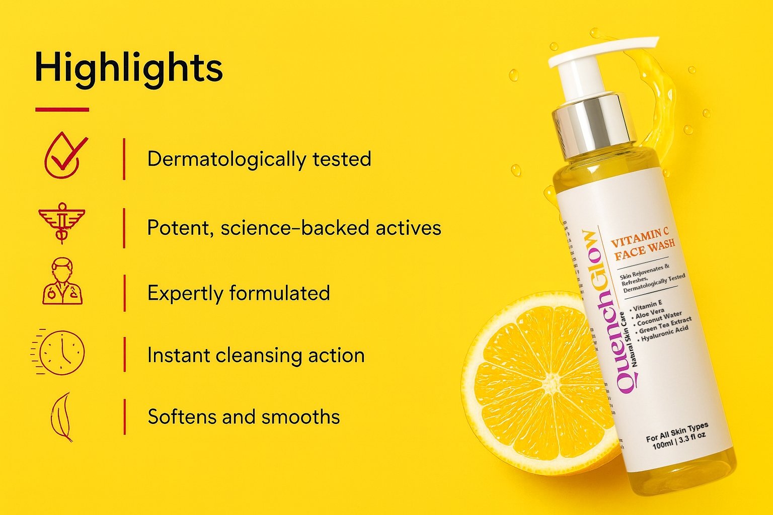 QuenchGlow Brightening Vitamin C Face Wash 100ml - Image 3